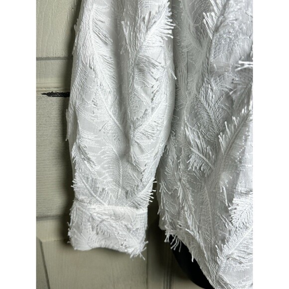 Zara White Fringe Textured Button-Up Shirt Long Sleeve Feather Pattern Sz S - Picture 5 of 13